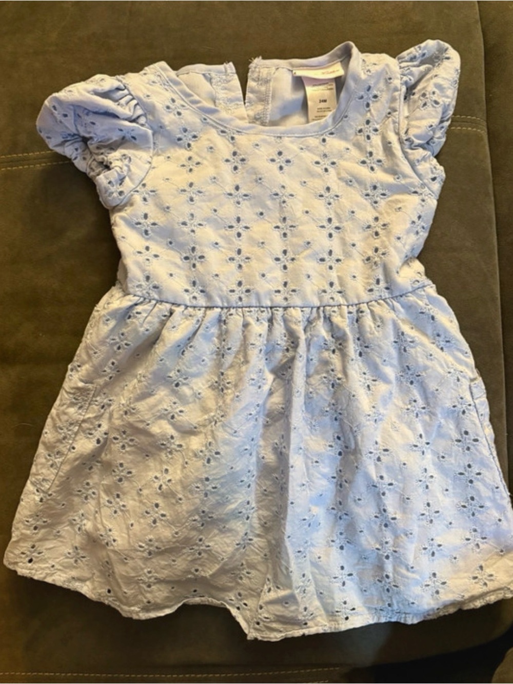 Little Lass Pale Blue Eyelet Cotton Dress with Puff Sleeves